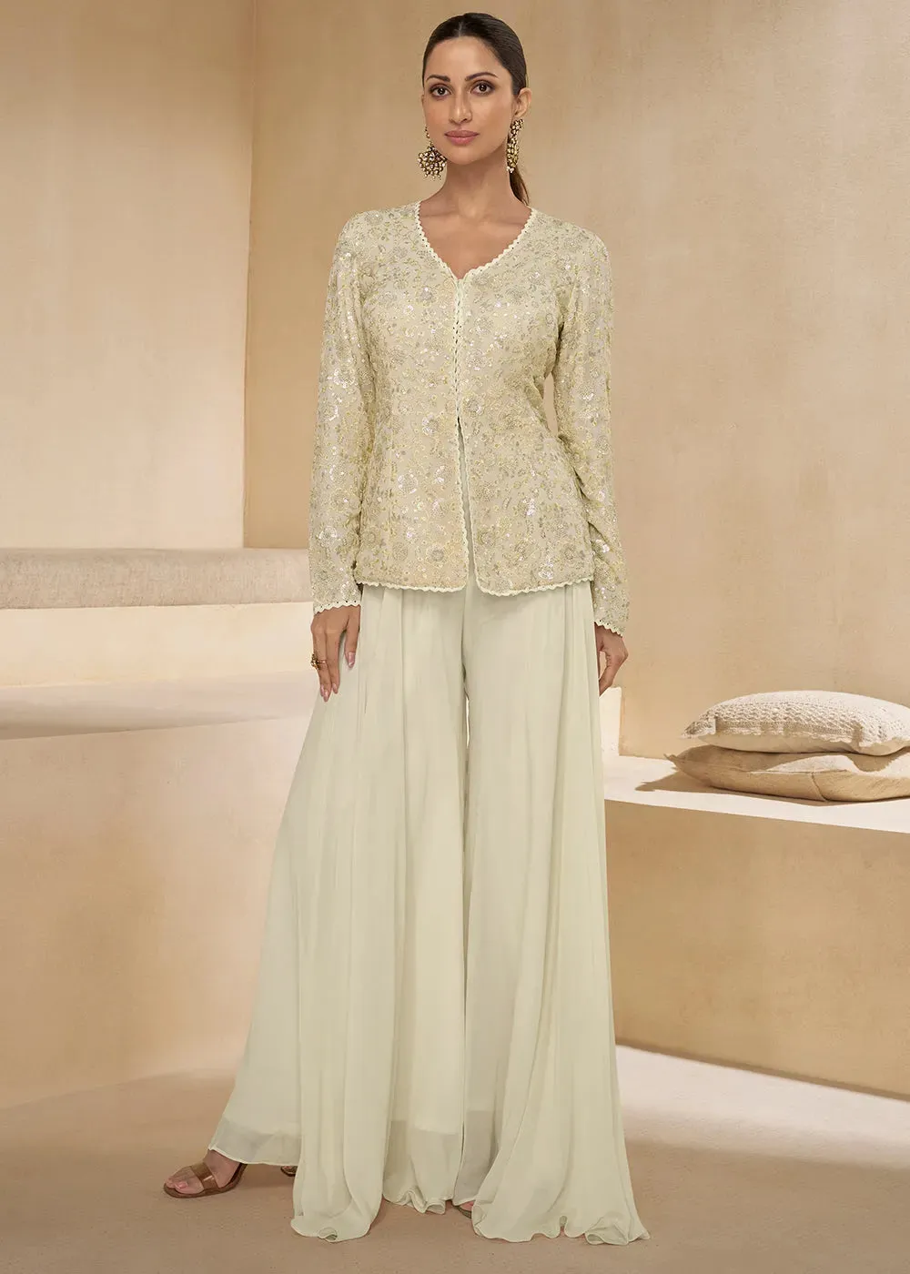 Pearl White Pure Georgette Floral Embroidered Top Palazzo Suit