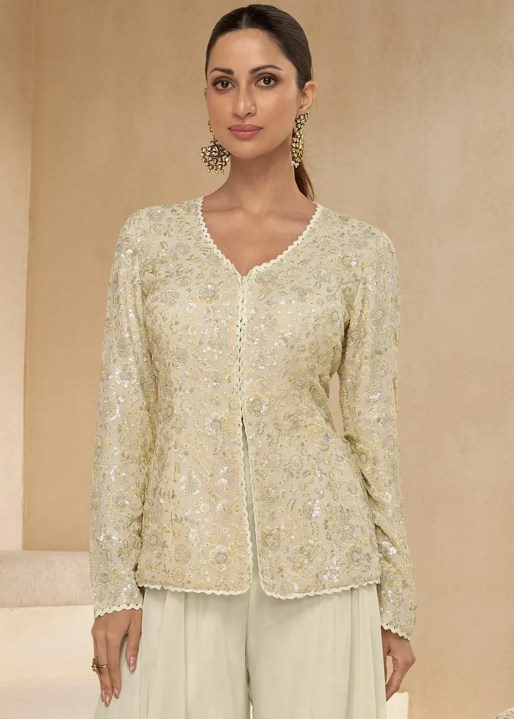 Pearl White Pure Georgette Floral Embroidered Top Palazzo Suit