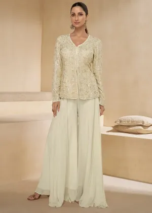Pearl White Pure Georgette Floral Embroidered Top Palazzo Suit
