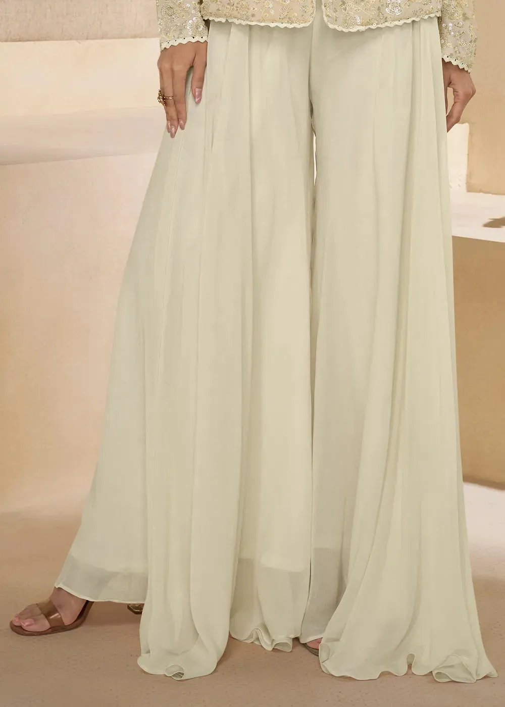 Pearl White Pure Georgette Floral Embroidered Top Palazzo Suit