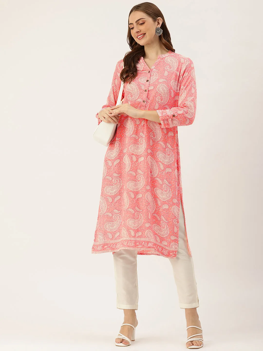 Pink Paisley Printed Straight Kurta