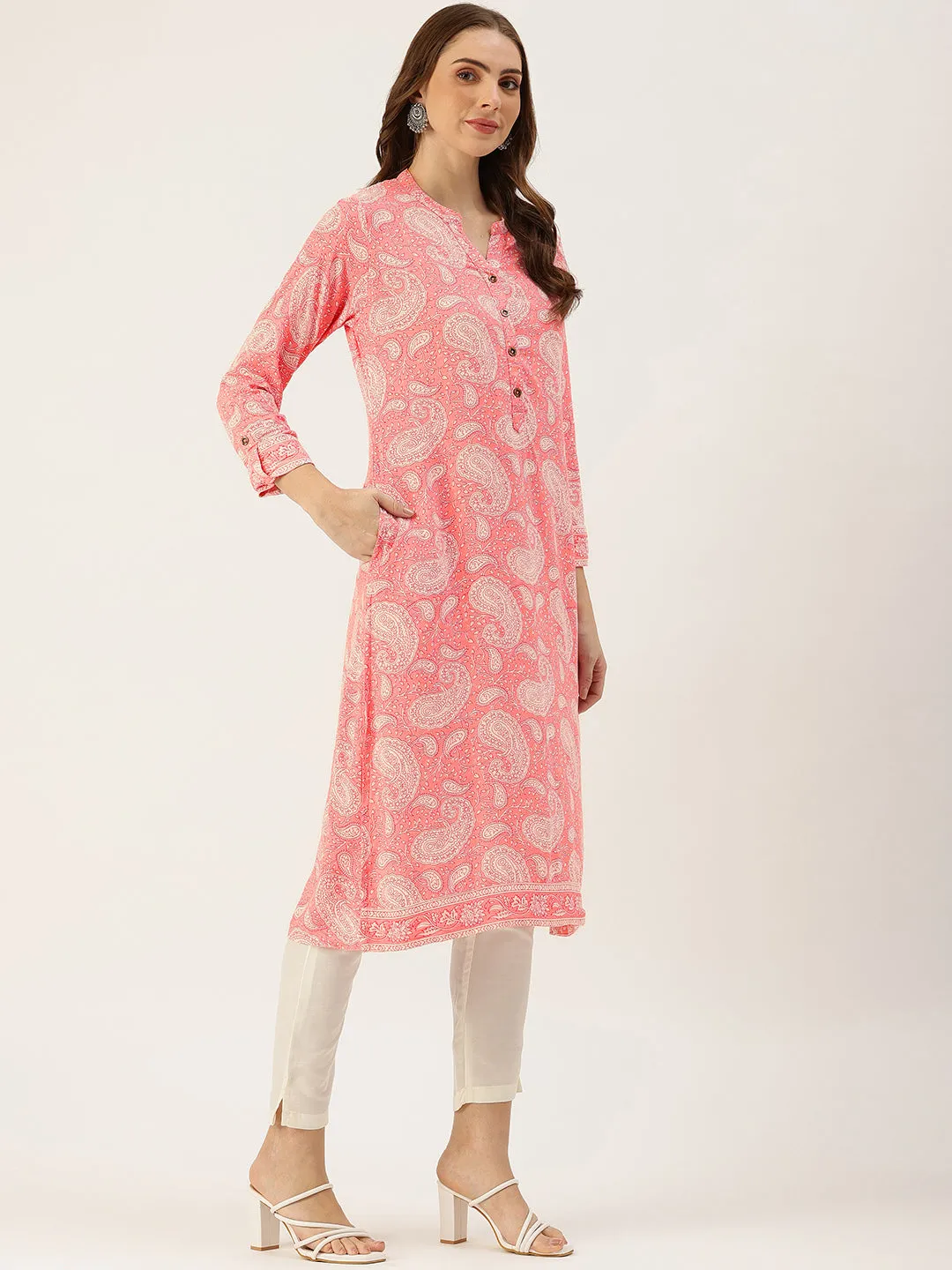 Pink Paisley Printed Straight Kurta