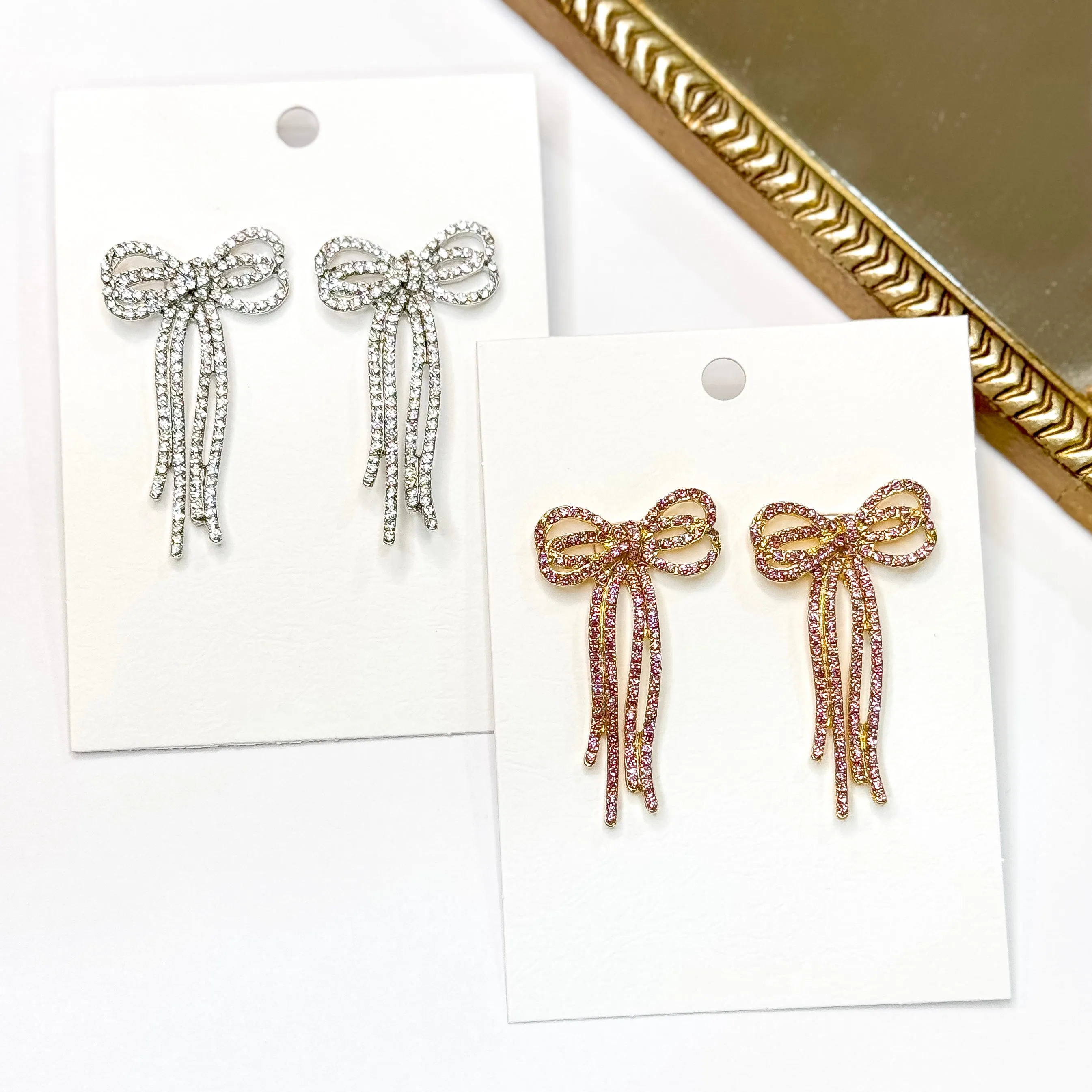 Radiant Ribbons Gold Tone Pink Rhinestone Bow Earrings