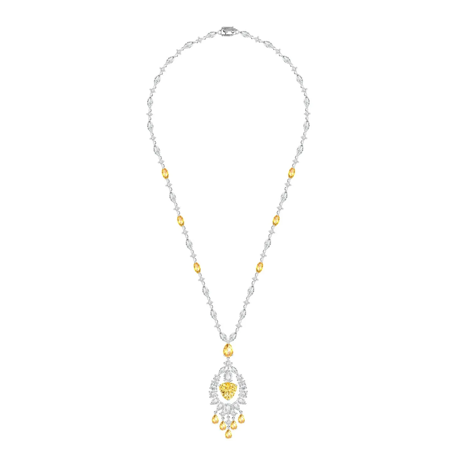 Regalia: Silver rhodium plated 17 2/8" with multi cut yellow and white CZ elegant drop chandelier necklace