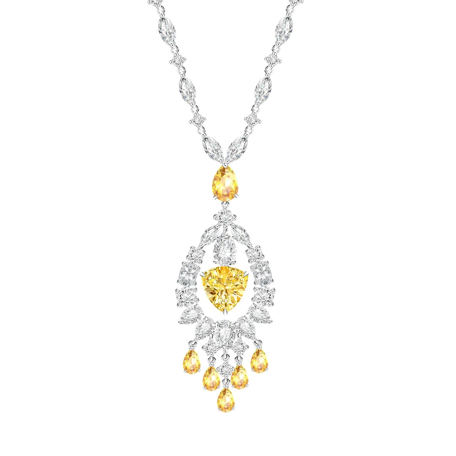 Regalia: Silver rhodium plated 17 2/8" with multi cut yellow and white CZ elegant drop chandelier necklace