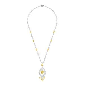 Regalia: Silver rhodium plated 17 2/8" with multi cut yellow and white CZ elegant drop chandelier necklace