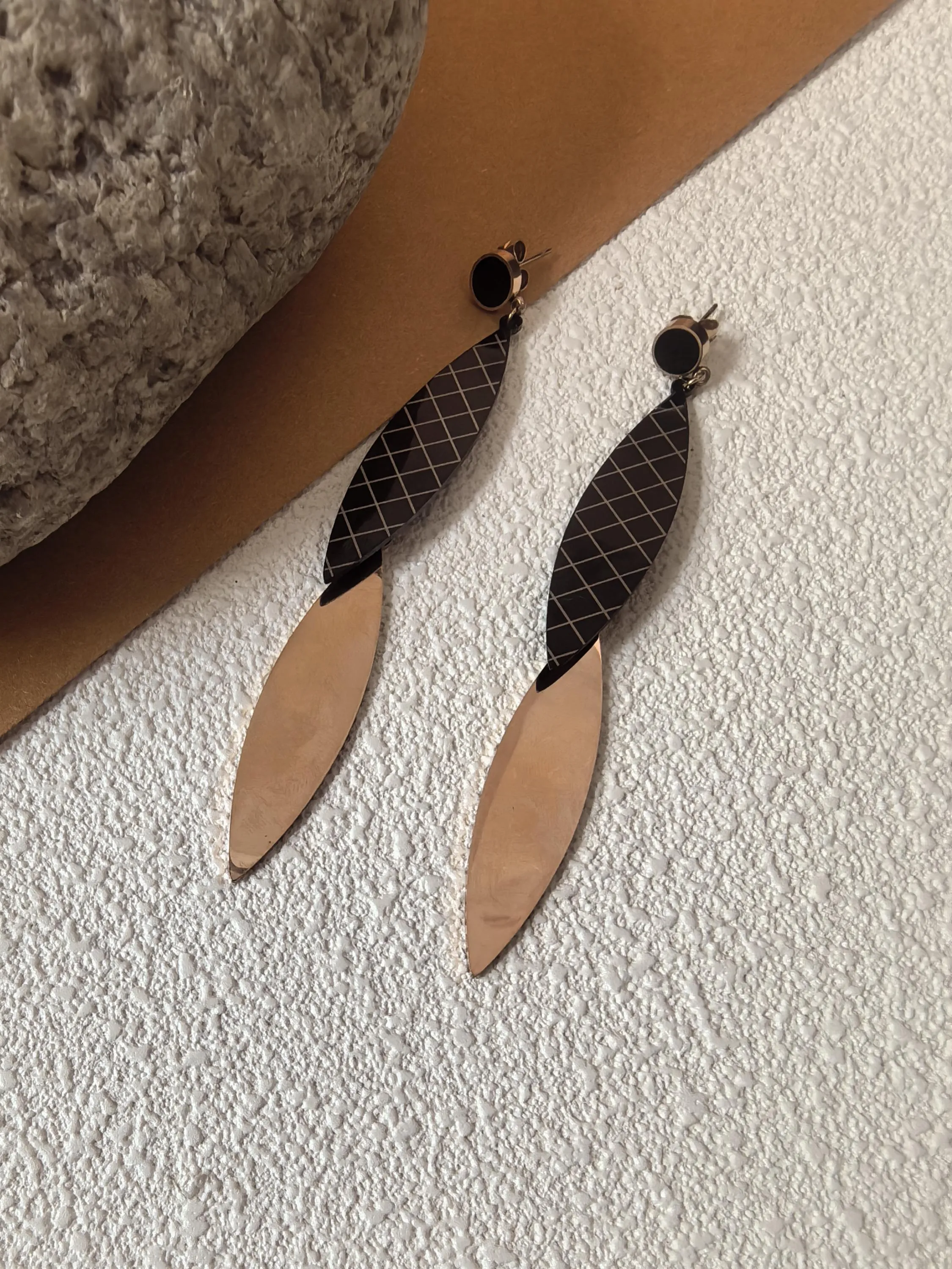 Rose Gold Titanium steel Plaid Black Disc Linear Drop Dangle Statment Earrings