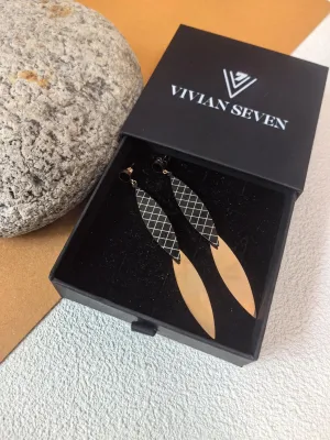 Rose Gold Titanium steel Plaid Black Disc Linear Drop Dangle Statment Earrings