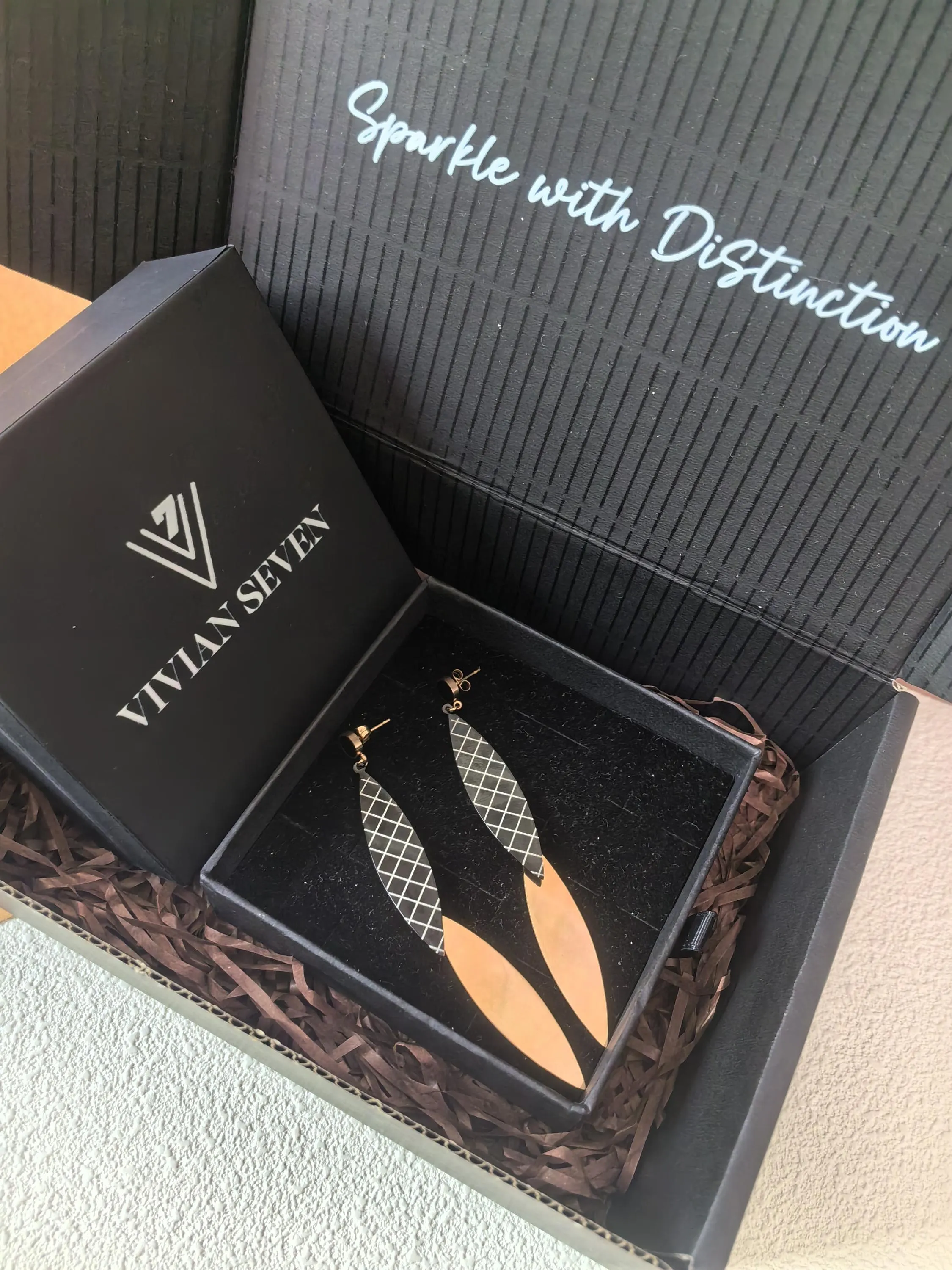 Rose Gold Titanium steel Plaid Black Disc Linear Drop Dangle Statment Earrings