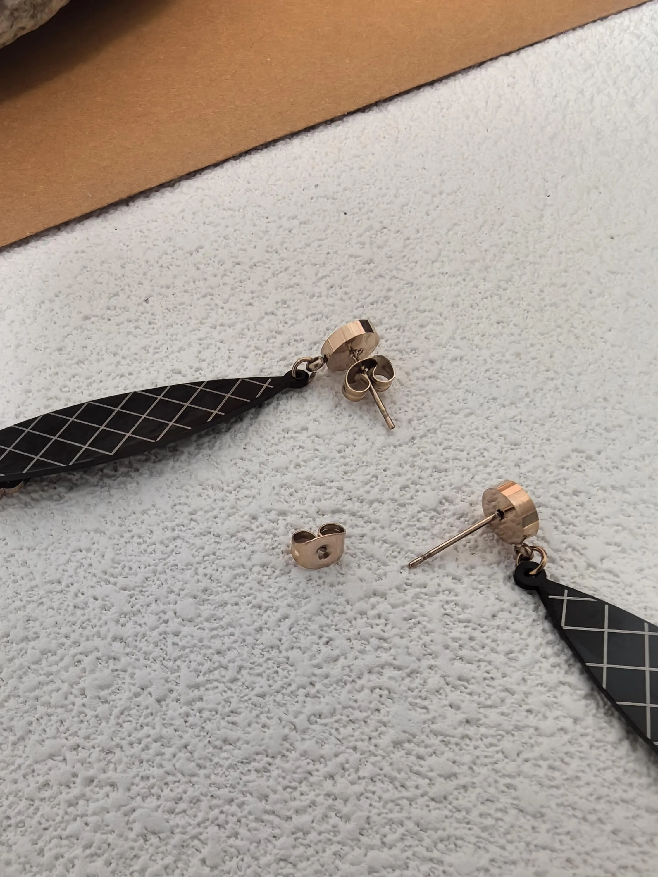 Rose Gold Titanium steel Plaid Black Disc Linear Drop Dangle Statment Earrings