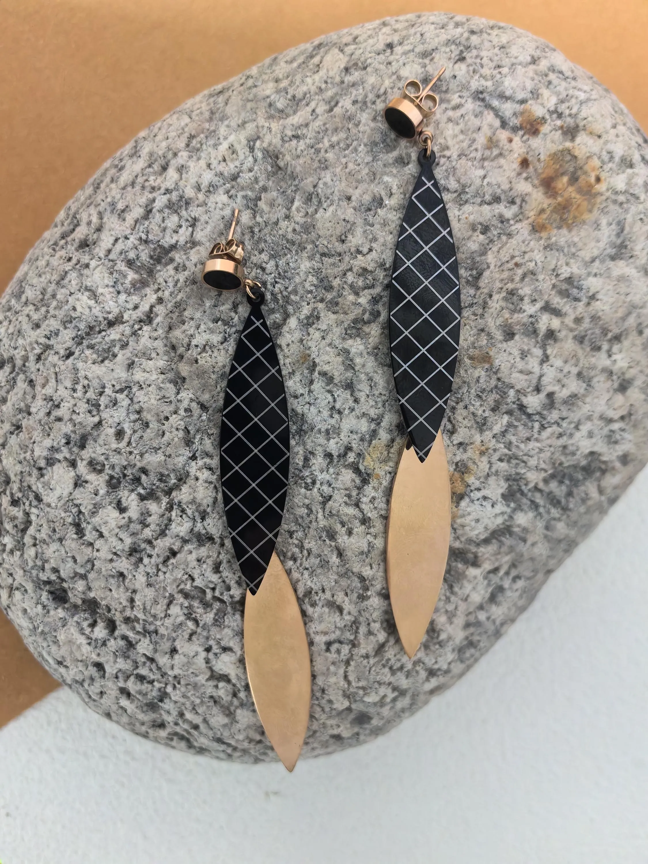 Rose Gold Titanium steel Plaid Black Disc Linear Drop Dangle Statment Earrings