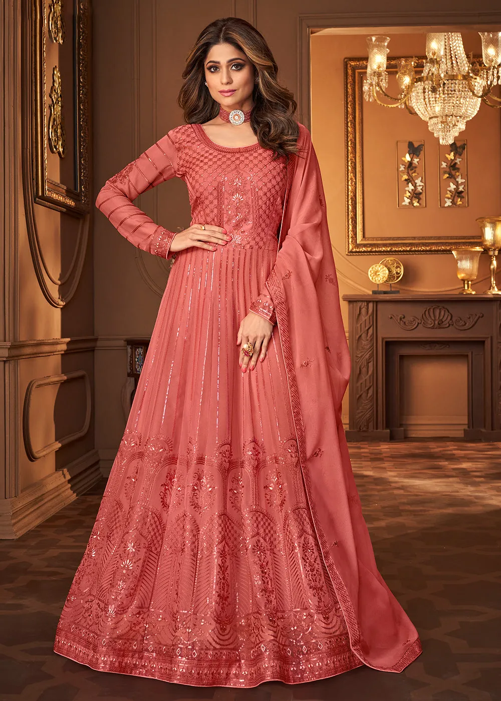 Salmon Peach Indian Embroidered Shamita Shetty Anarkali Suit