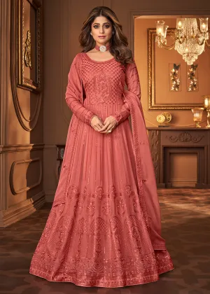 Salmon Peach Indian Embroidered Shamita Shetty Anarkali Suit