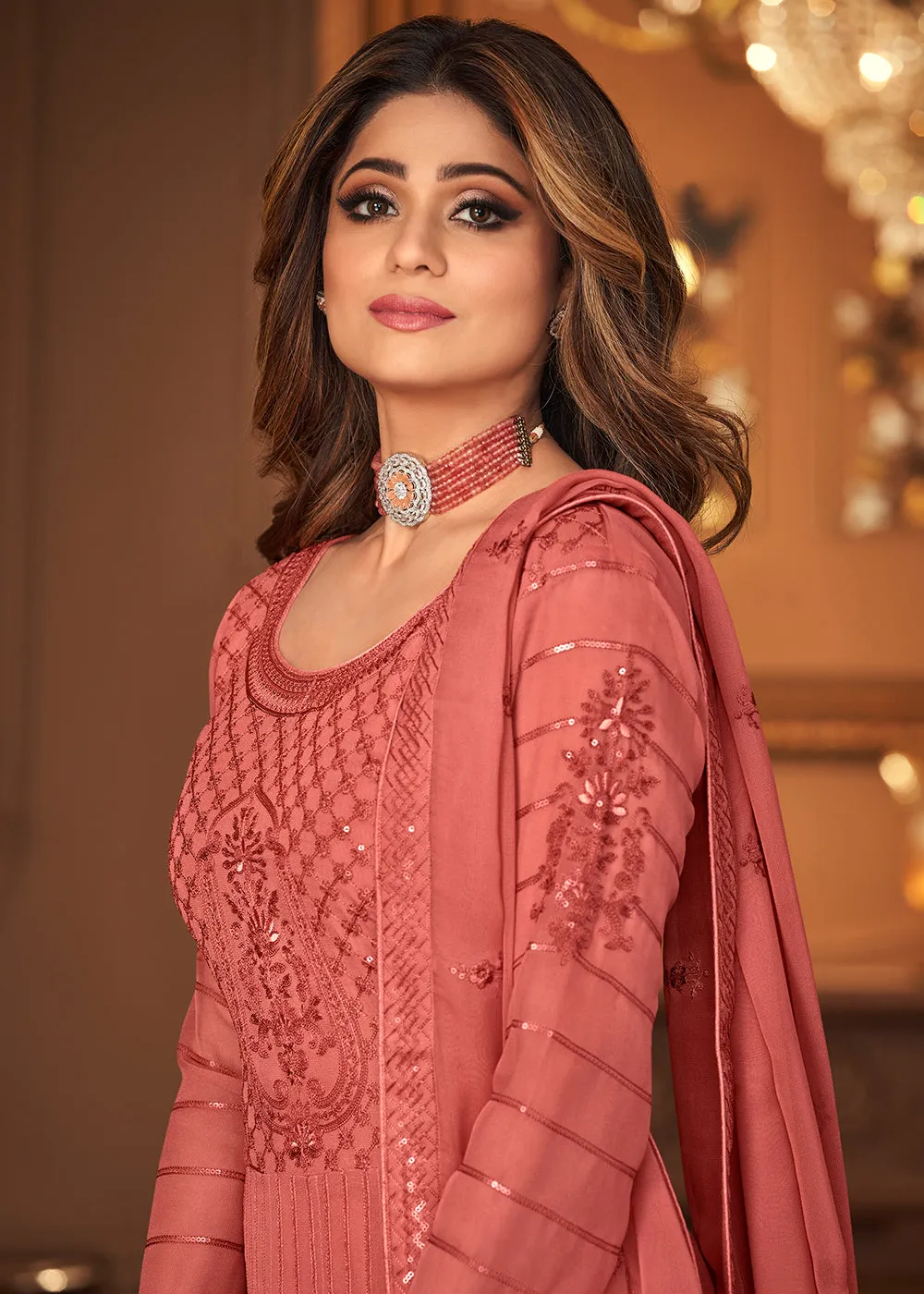 Salmon Peach Indian Embroidered Shamita Shetty Anarkali Suit