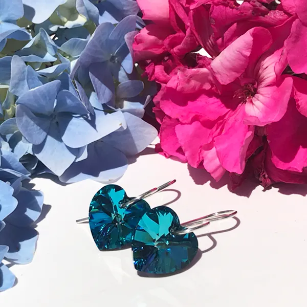 Shimmering Medium Size Crystal Heart Earrings - (color & metal options)