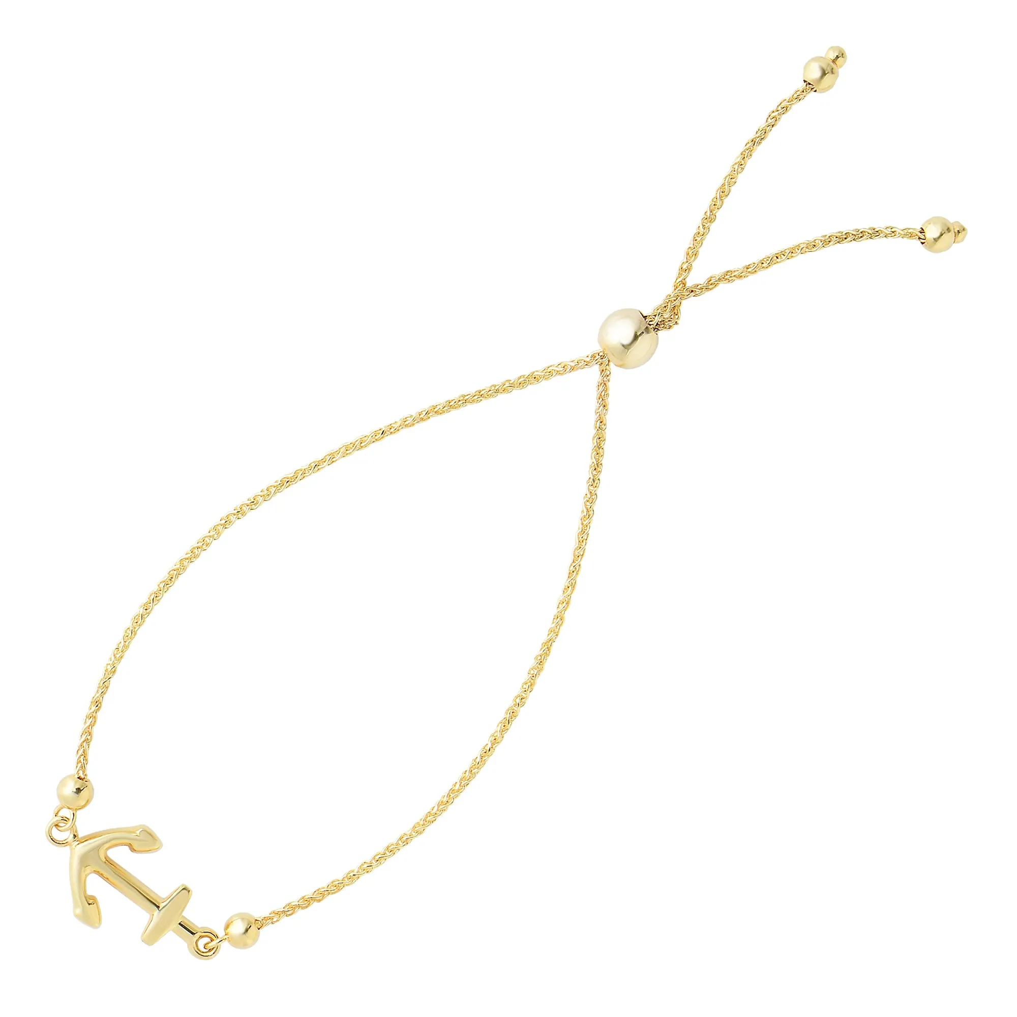 Shiny Sideways Anchor Center Bolo Friendship Adjustable Bracelet In 14K Yellow Gold, 9.25"