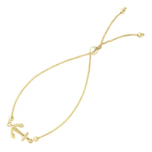 Shiny Sideways Anchor Center Bolo Friendship Adjustable Bracelet In 14K Yellow Gold, 9.25"