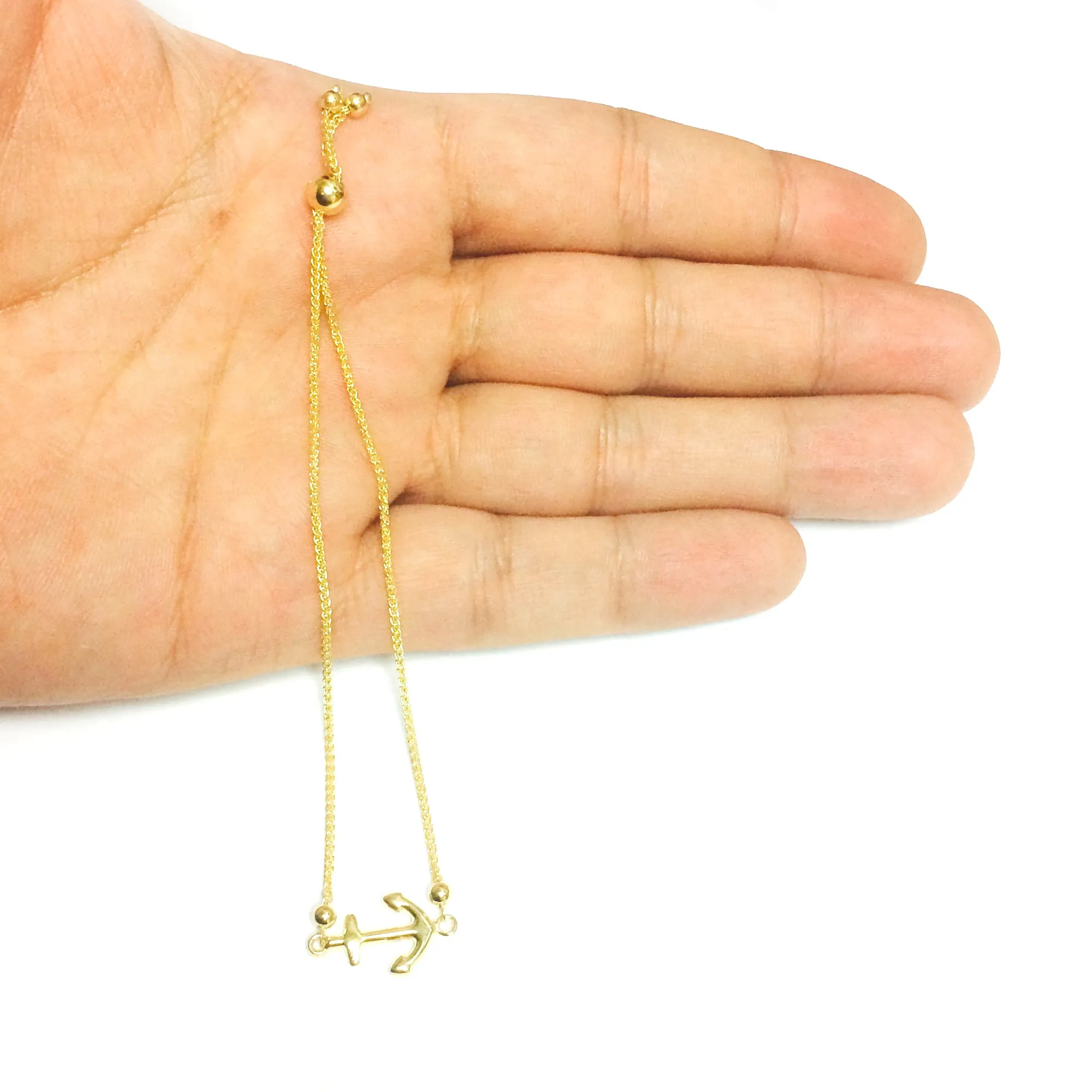 Shiny Sideways Anchor Center Bolo Friendship Adjustable Bracelet In 14K Yellow Gold, 9.25"