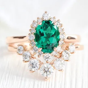 Tiara Halo Oval Ring Bridal Set w/ Emerald and Large 7 Diamond U Band