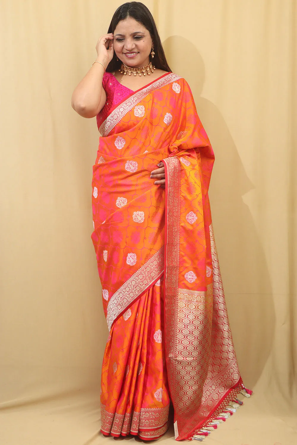 Timeless Beauty: Elegant Orange & Pink Banarasi Silk Saree