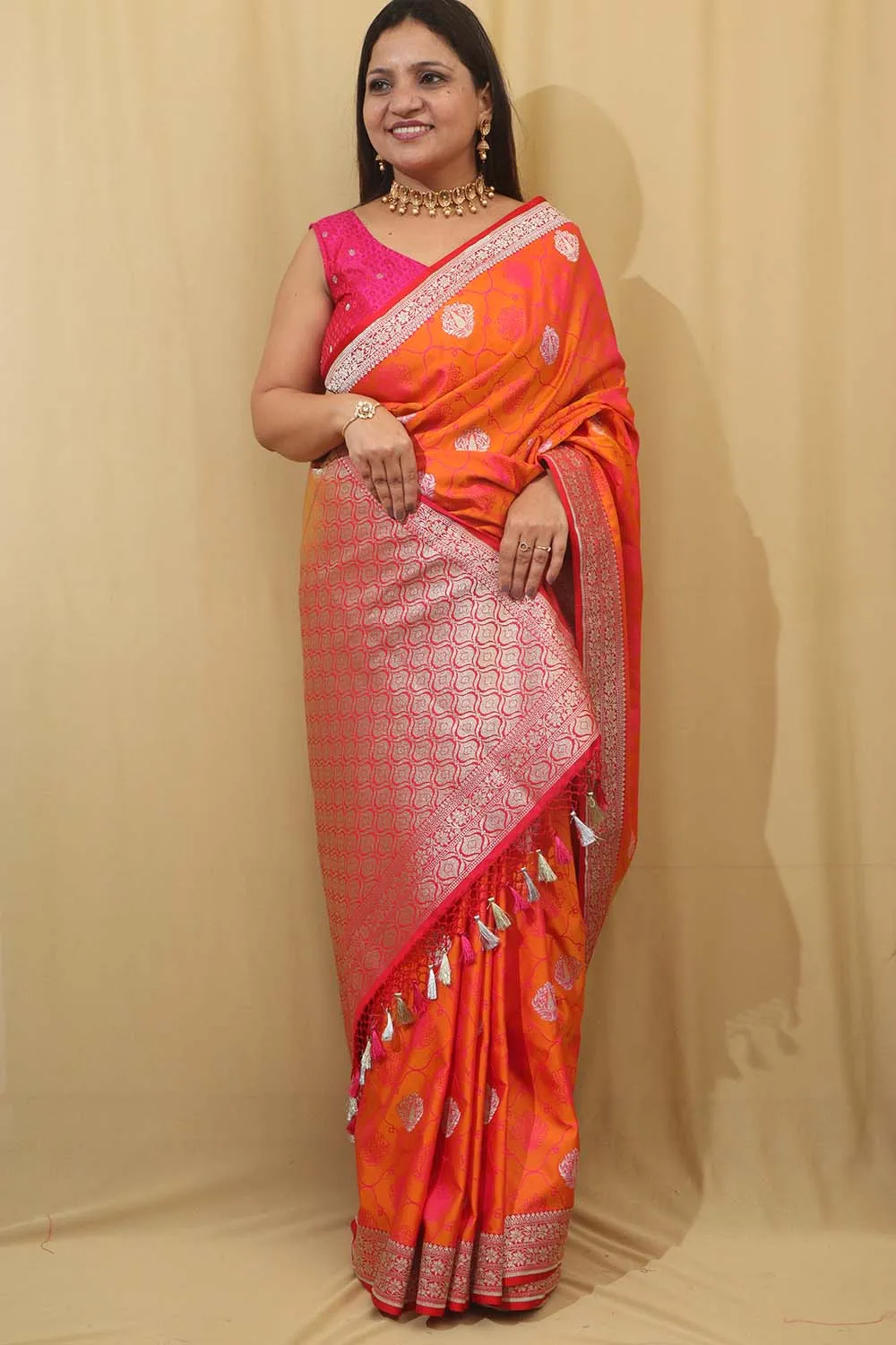Timeless Beauty: Elegant Orange & Pink Banarasi Silk Saree