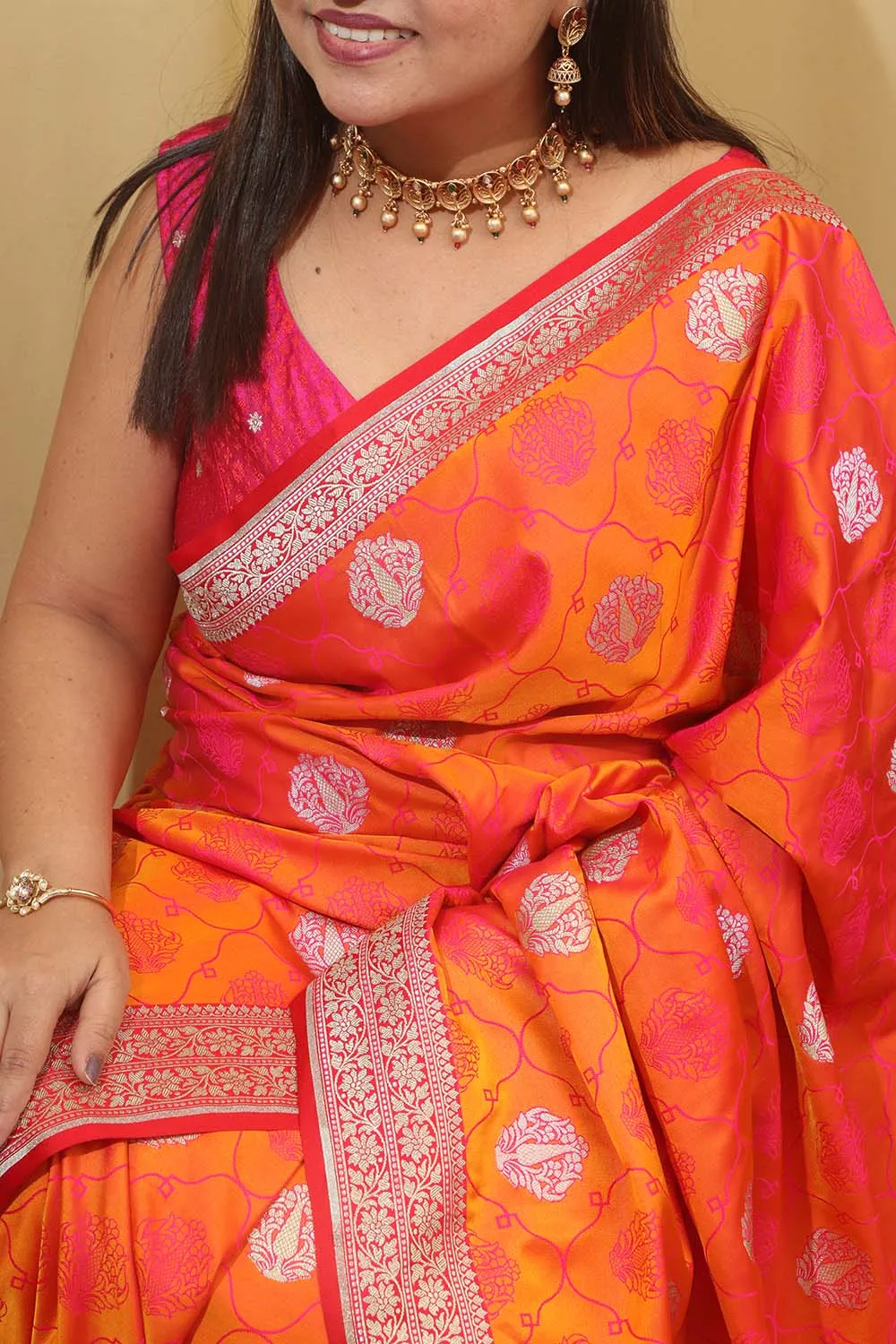 Timeless Beauty: Elegant Orange & Pink Banarasi Silk Saree