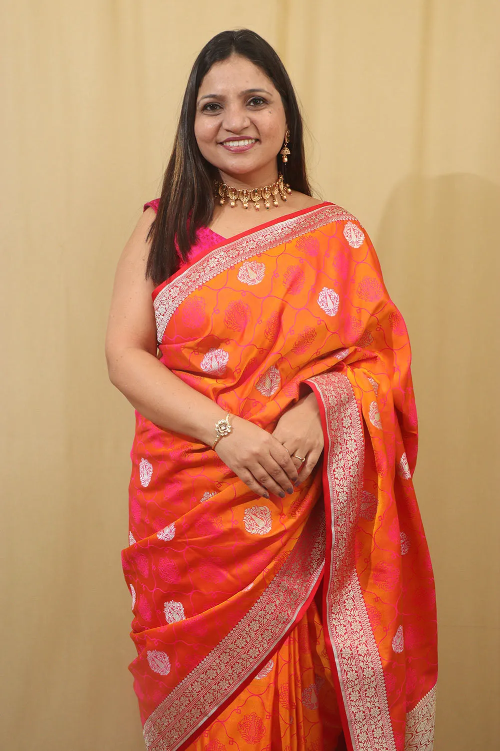 Timeless Beauty: Elegant Orange & Pink Banarasi Silk Saree