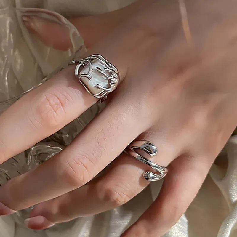 VAIGE Elegant Silver Pearl Geometric Statement Rings with Cubic Zirconia