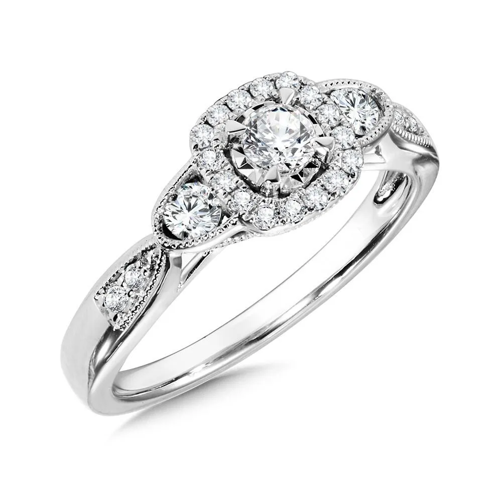 VINTAGE, MILGRAIN-BEADED, CUSHION-SHAPED HALO DIAMOND STAR ENGAGEMENT RING