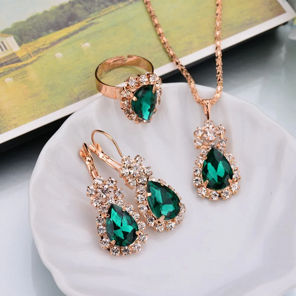 Water Drop Color Diamond Necklace, Earrings, Rings Set, Shiny High-end Bridal Jewelry
