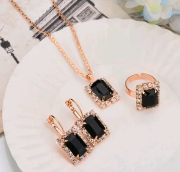 Water Drop Color Diamond Necklace, Earrings, Rings Set, Shiny High-end Bridal Jewelry