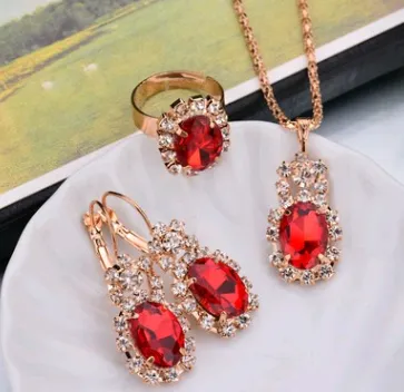 Water Drop Color Diamond Necklace, Earrings, Rings Set, Shiny High-end Bridal Jewelry