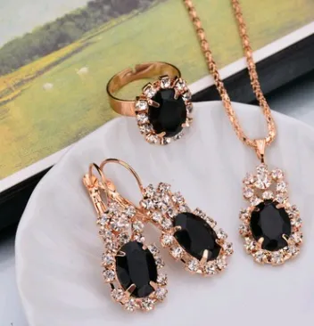 Water Drop Color Diamond Necklace, Earrings, Rings Set, Shiny High-end Bridal Jewelry