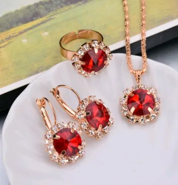 Water Drop Color Diamond Necklace, Earrings, Rings Set, Shiny High-end Bridal Jewelry