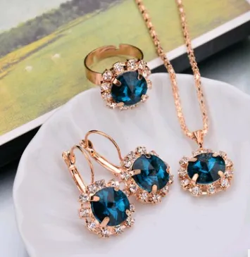 Water Drop Color Diamond Necklace, Earrings, Rings Set, Shiny High-end Bridal Jewelry