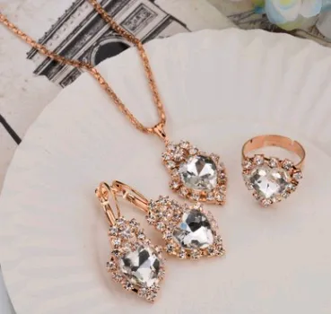Water Drop Color Diamond Necklace, Earrings, Rings Set, Shiny High-end Bridal Jewelry