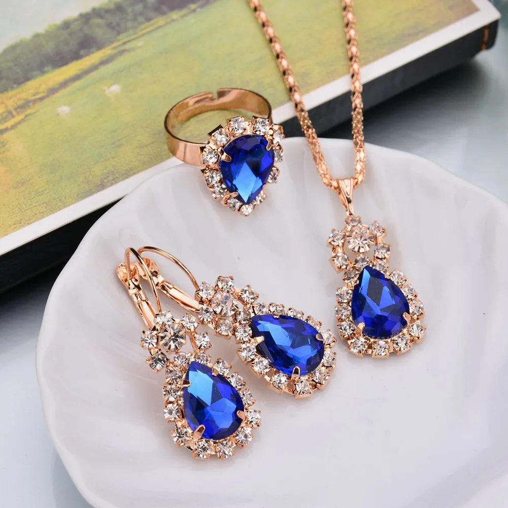 Water Drop Color Diamond Necklace, Earrings, Rings Set, Shiny High-end Bridal Jewelry