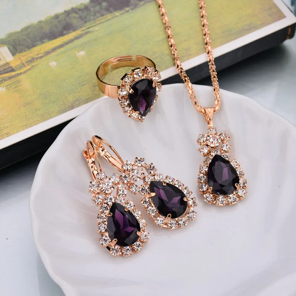 Water Drop Color Diamond Necklace, Earrings, Rings Set, Shiny High-end Bridal Jewelry