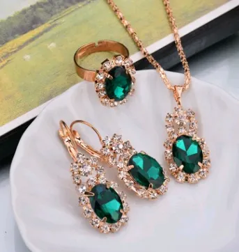 Water Drop Color Diamond Necklace, Earrings, Rings Set, Shiny High-end Bridal Jewelry