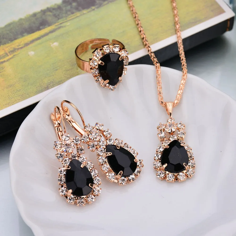 Water Drop Color Diamond Necklace, Earrings, Rings Set, Shiny High-end Bridal Jewelry