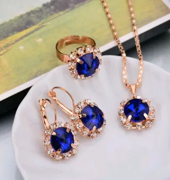 Water Drop Color Diamond Necklace, Earrings, Rings Set, Shiny High-end Bridal Jewelry