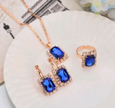 Water Drop Color Diamond Necklace, Earrings, Rings Set, Shiny High-end Bridal Jewelry