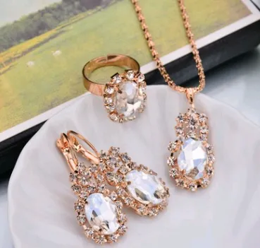 Water Drop Color Diamond Necklace, Earrings, Rings Set, Shiny High-end Bridal Jewelry