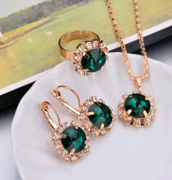 Water Drop Color Diamond Necklace, Earrings, Rings Set, Shiny High-end Bridal Jewelry