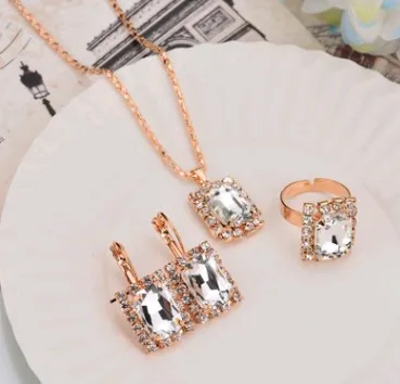 Water Drop Color Diamond Necklace, Earrings, Rings Set, Shiny High-end Bridal Jewelry