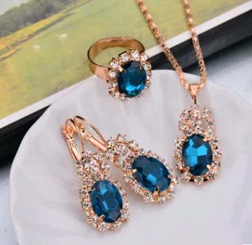 Water Drop Color Diamond Necklace, Earrings, Rings Set, Shiny High-end Bridal Jewelry