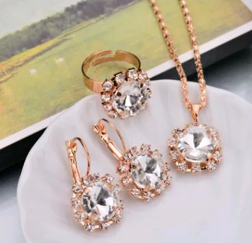 Water Drop Color Diamond Necklace, Earrings, Rings Set, Shiny High-end Bridal Jewelry