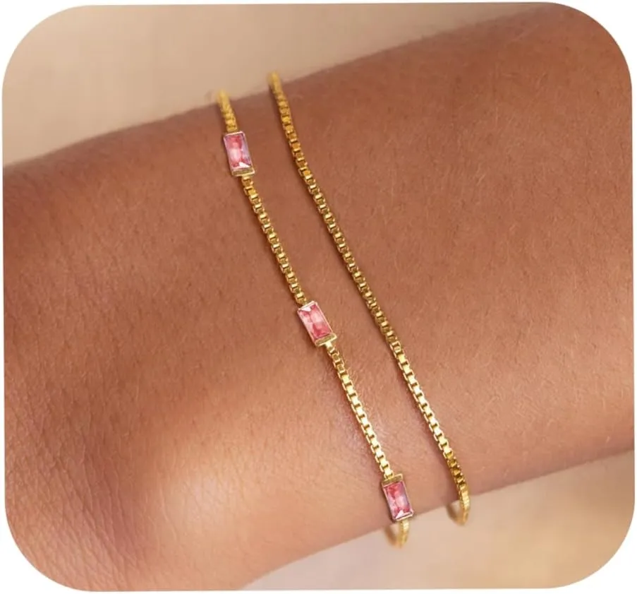 WEDDINEN Birthstone Bracelets for Women, 14K Gold Plated Dainty Double Layers Stackable Blue Green May Emerald Adiustable Friendship Bracelets Jewelry Gifts for Mom Best Friend
