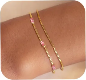 WEDDINEN Birthstone Bracelets for Women, 14K Gold Plated Dainty Double Layers Stackable Blue Green May Emerald Adiustable Friendship Bracelets Jewelry Gifts for Mom Best Friend