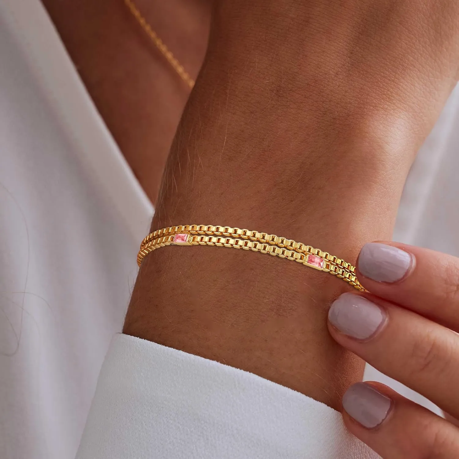WEDDINEN Birthstone Bracelets for Women, 14K Gold Plated Dainty Double Layers Stackable Blue Green May Emerald Adiustable Friendship Bracelets Jewelry Gifts for Mom Best Friend